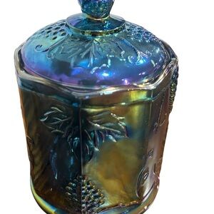 Indiana Glass Iridescent Blue-Green Carnival Glass Covered Jar